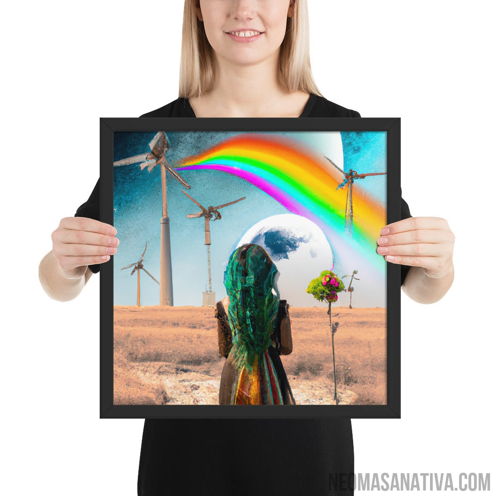 A Surreal Walk: Exploring A Landscape Of Windmills And A Full Moon Framed Photo Paper Poster
