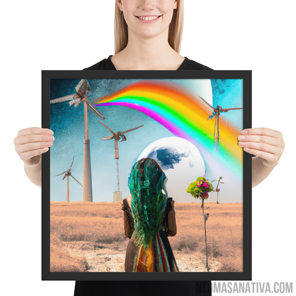 A Surreal Walk: Exploring A Landscape Of Windmills And A Full Moon Framed Photo Paper Poster