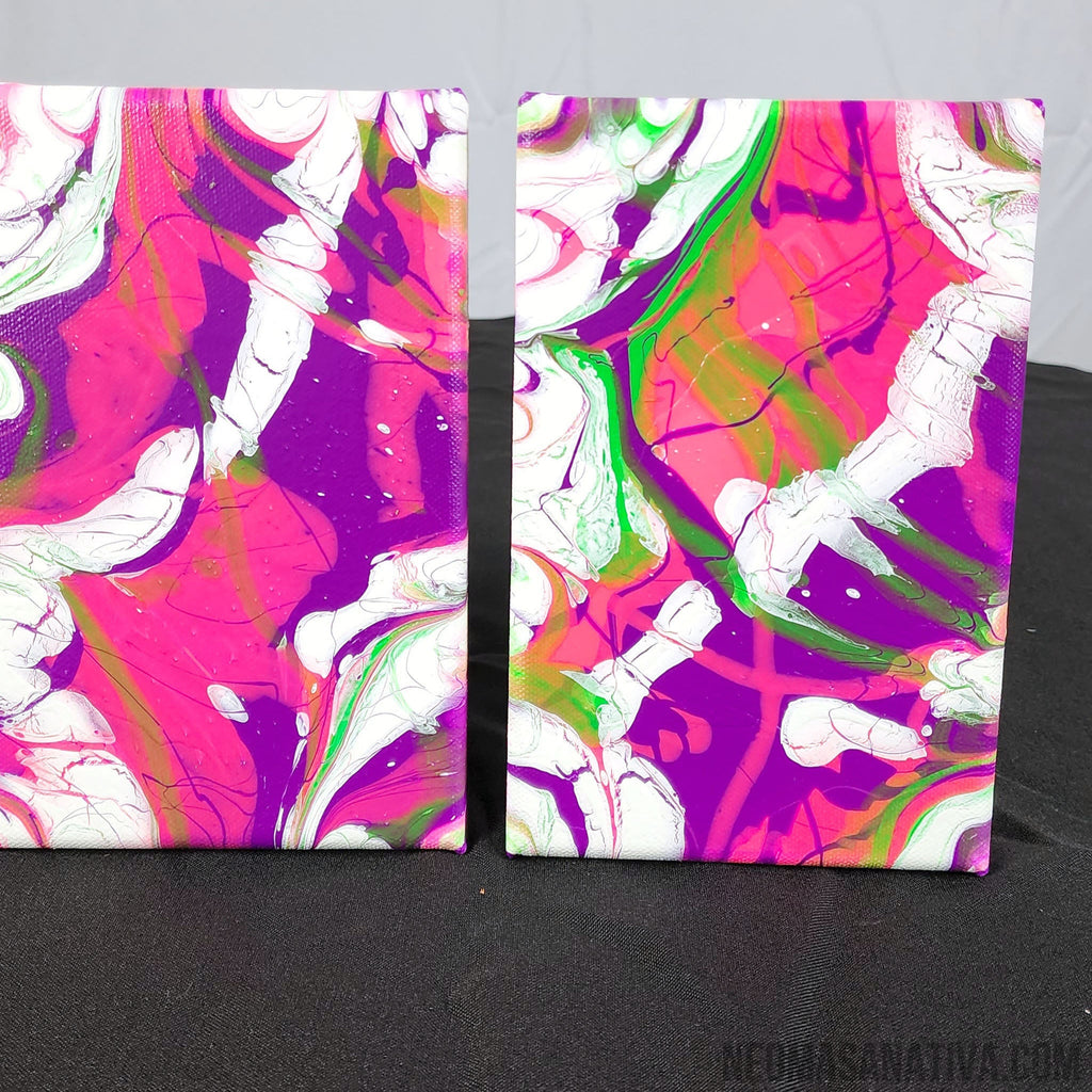 Wild Pink Camouflage Acrylic Pour Art Set On 5"x7" Stretched Canvas Black Light Reactive And Glow In The Dark