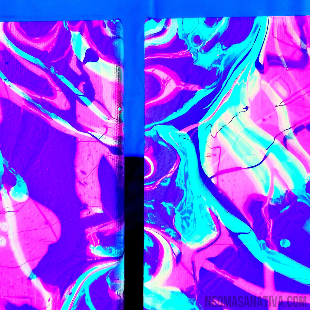 Wild Pink Camouflage Acrylic Pour Art Set On 5"x7" Stretched Canvas Black Light Reactive And Glow In The Dark