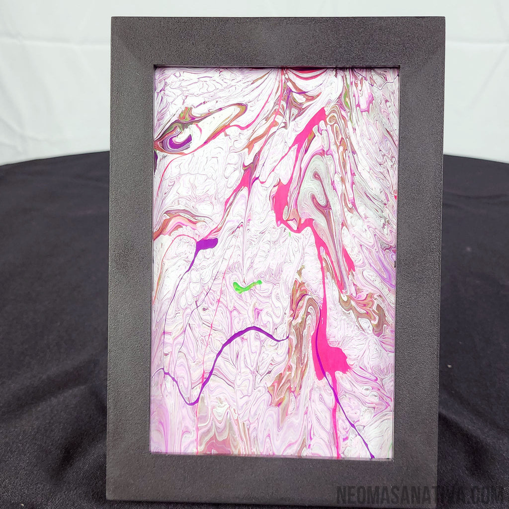Magic Pink Lightning Acrylic Pour Art In Framed 5"x7" Flat Canvas Black Light Reactive And Glow In The Dark