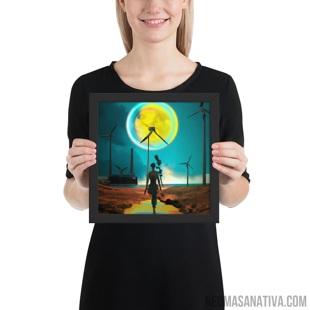 Exploring a Surreal Landscape: Windmills and a Full Moon Framed Photo Paper Poster