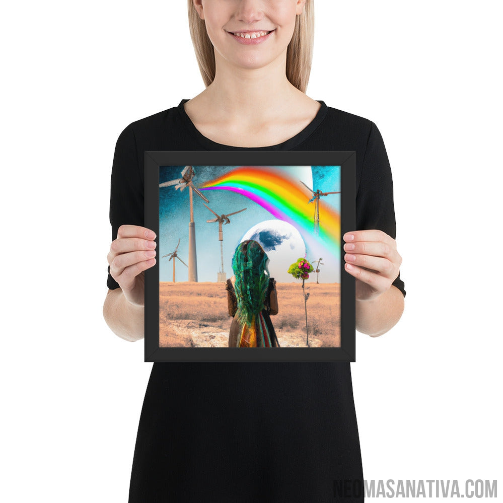 A Surreal Walk: Exploring A Landscape Of Windmills And A Full Moon Framed Photo Paper Poster