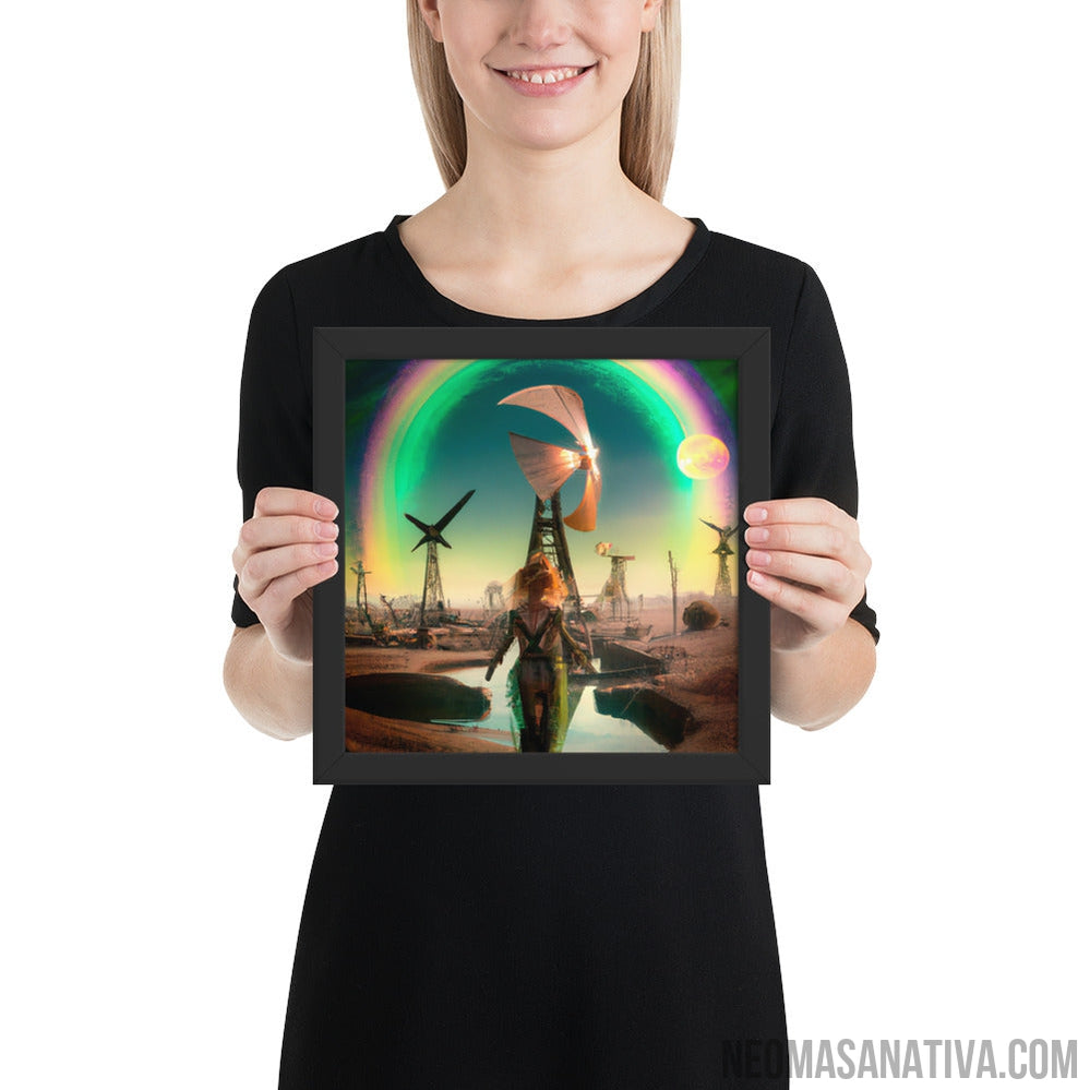 Walking Under The Rainbow: A Surreal Landscape Of Windmills And A Full Moon Framed Photo Paper Poster