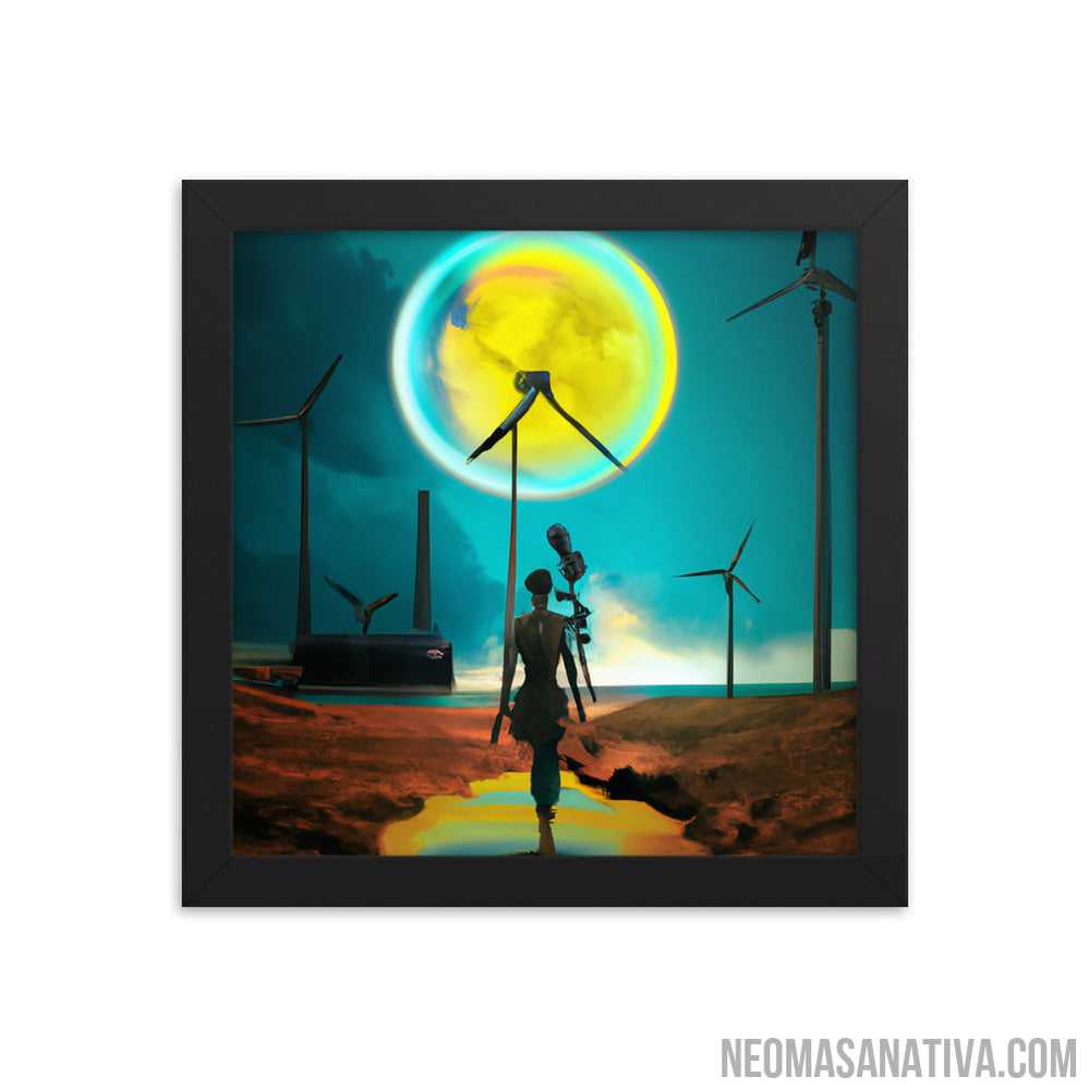 Exploring a Surreal Landscape: Windmills and a Full Moon Framed Photo Paper Poster