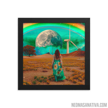 Walking on a Dream: A Surreal Landscape Of A Windmill And A Full Moon Framed Photo Paper Poster