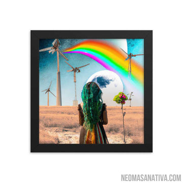 A Surreal Walk: Exploring A Landscape Of Windmills And A Full Moon Framed Photo Paper Poster