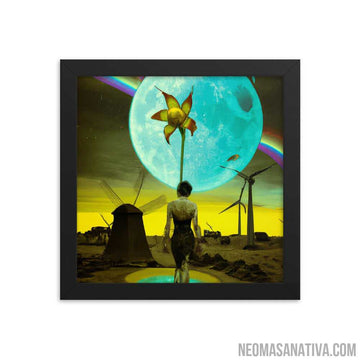 Walking on a Surreal Landscape: Windmills and a Full Moon Framed Photo Paper Poster