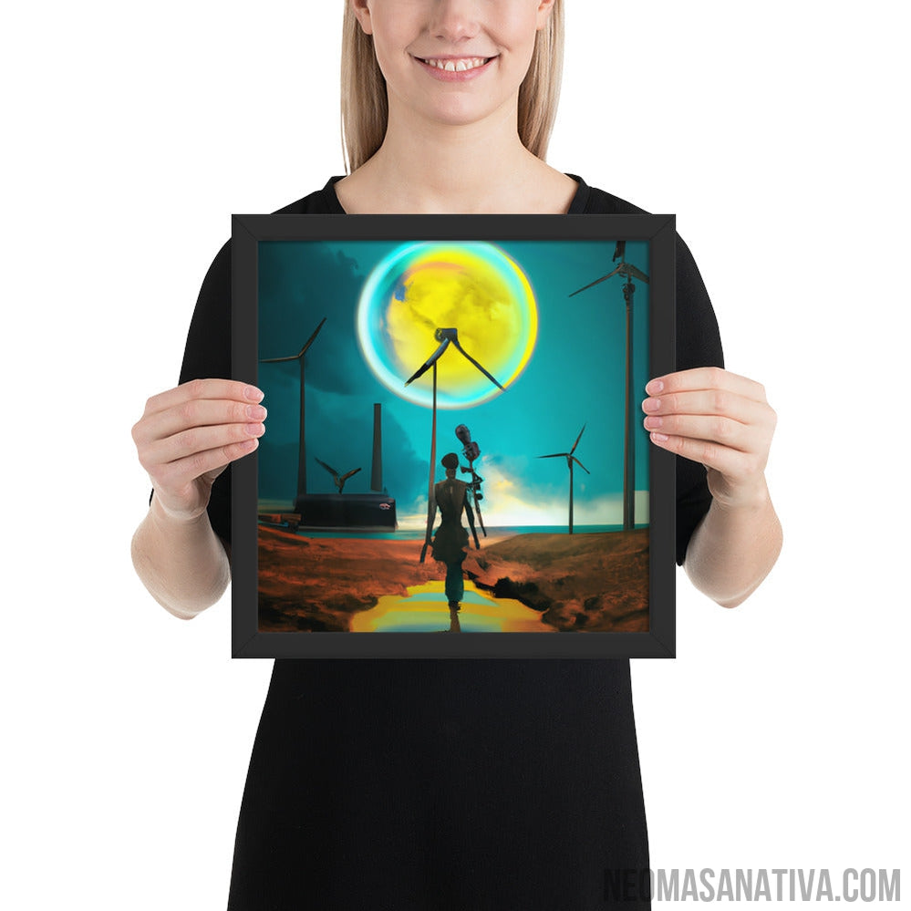 Exploring a Surreal Landscape: Windmills and a Full Moon Framed Photo Paper Poster