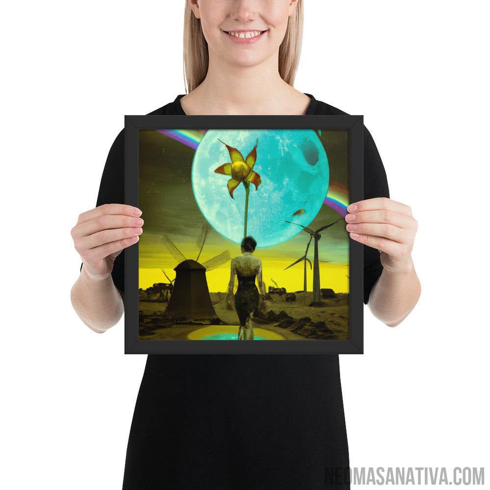 Walking on a Surreal Landscape: Windmills and a Full Moon Framed Photo Paper Poster