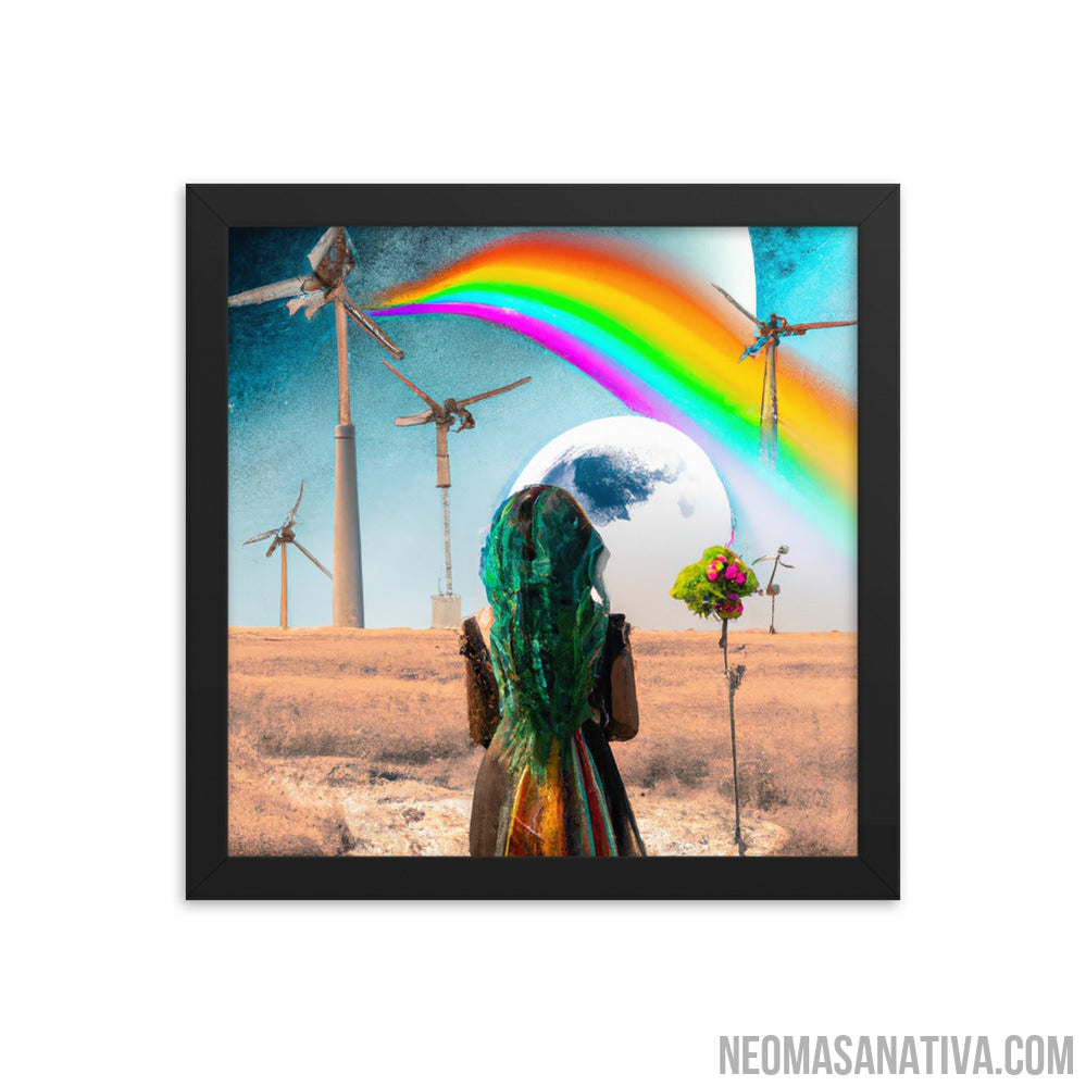 A Surreal Walk: Exploring A Landscape Of Windmills And A Full Moon Framed Photo Paper Poster