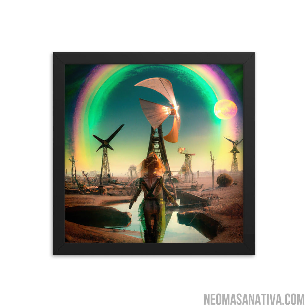 Walking Under The Rainbow: A Surreal Landscape Of Windmills And A Full Moon Framed Photo Paper Poster