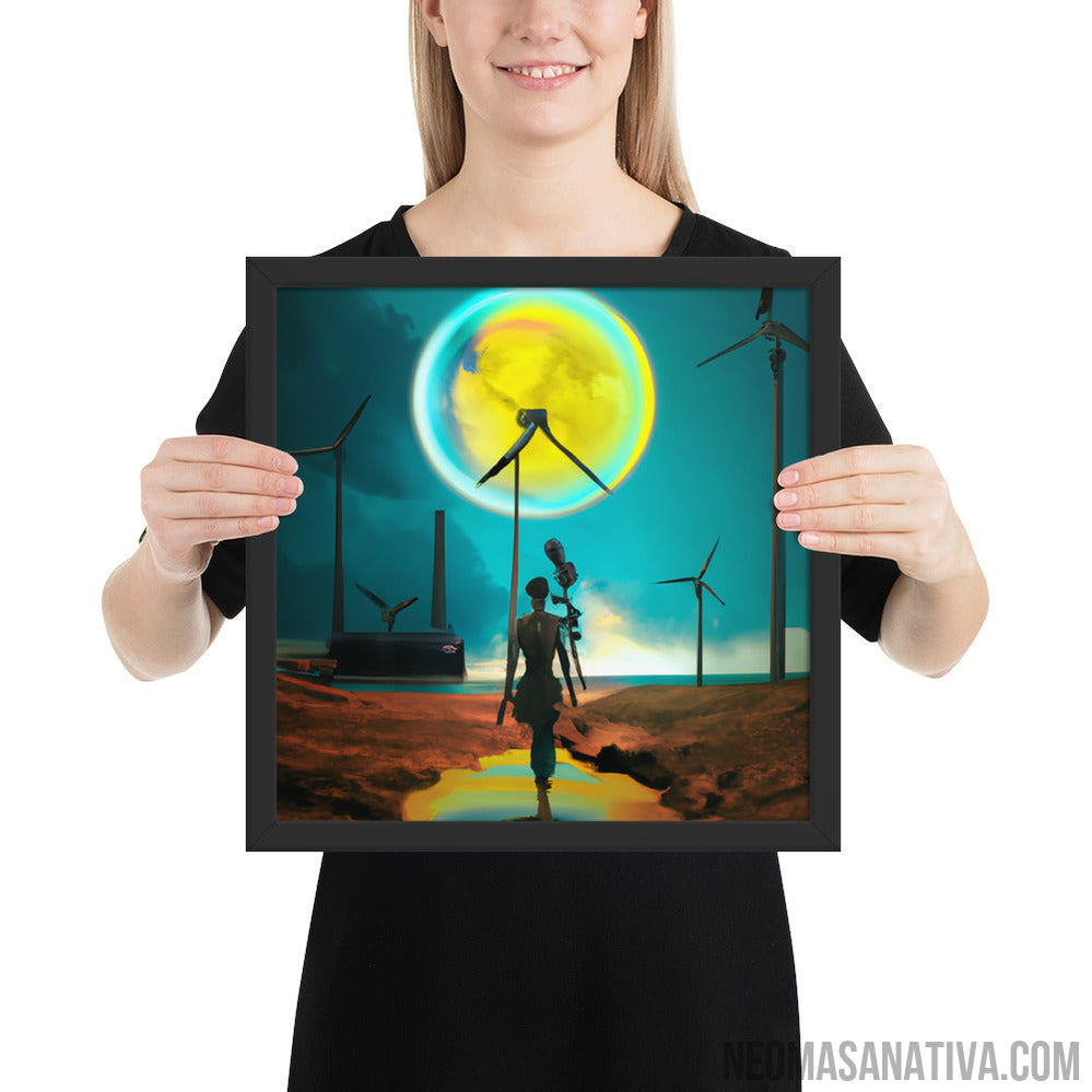 Exploring a Surreal Landscape: Windmills and a Full Moon Framed Photo Paper Poster