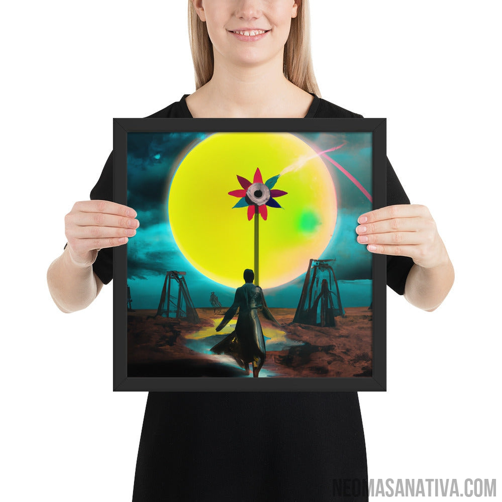 A Surreal Journey: Walking On A Dreamscape Towards The Windmill Under The Full Moon Framed Photo Paper Poster