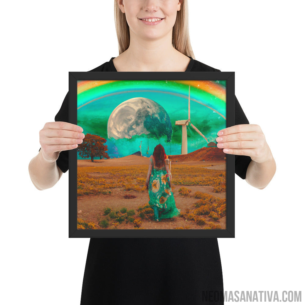 Walking on a Dream: A Surreal Landscape Of A Windmill And A Full Moon Framed Photo Paper Poster