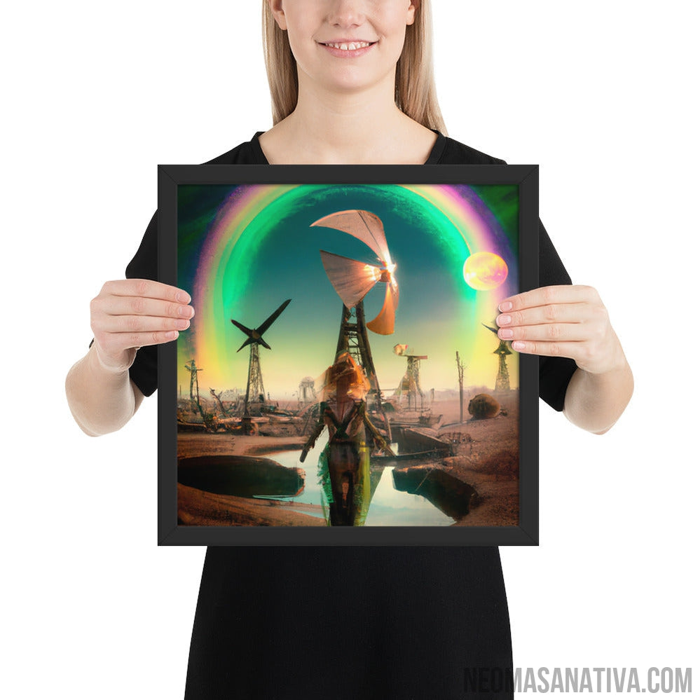 Walking Under The Rainbow: A Surreal Landscape Of Windmills And A Full Moon Framed Photo Paper Poster