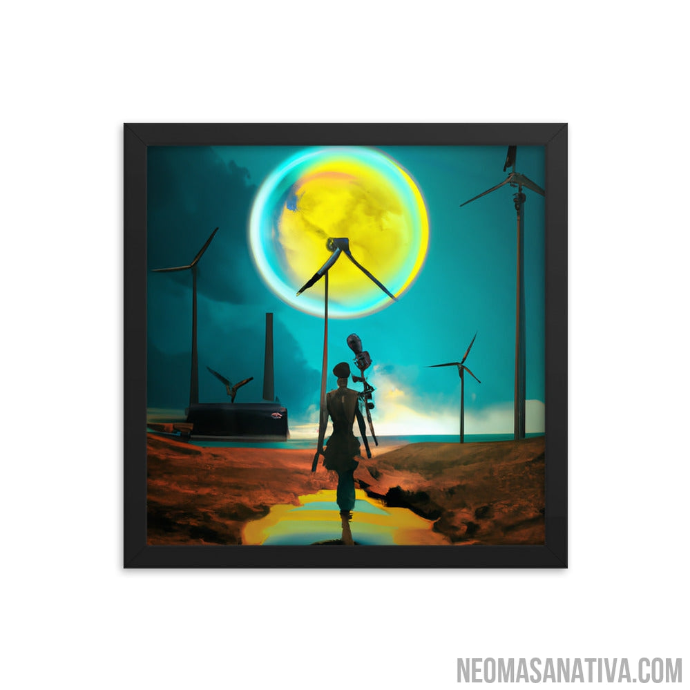 Exploring a Surreal Landscape: Windmills and a Full Moon Framed Photo Paper Poster