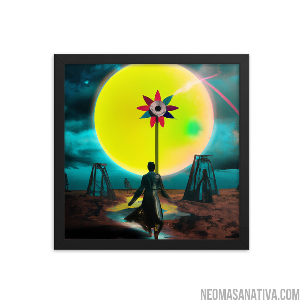 A Surreal Journey: Walking On A Dreamscape Towards The Windmill Under The Full Moon Framed Photo Paper Poster