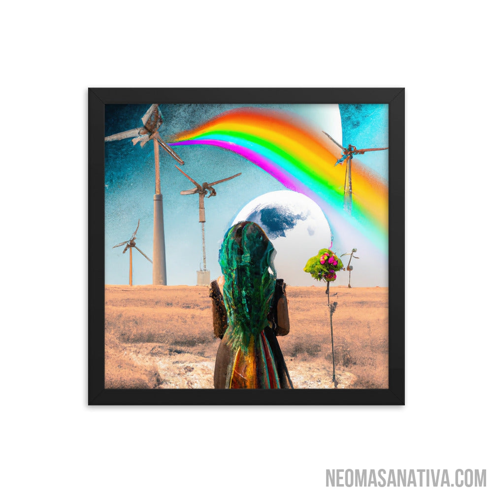 A Surreal Walk: Exploring A Landscape Of Windmills And A Full Moon Framed Photo Paper Poster