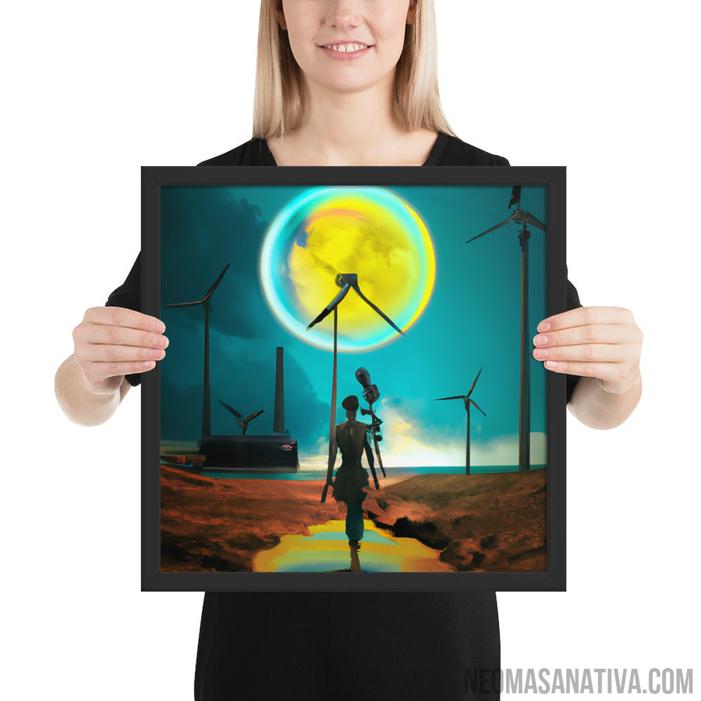 Exploring a Surreal Landscape: Windmills and a Full Moon Framed Photo Paper Poster