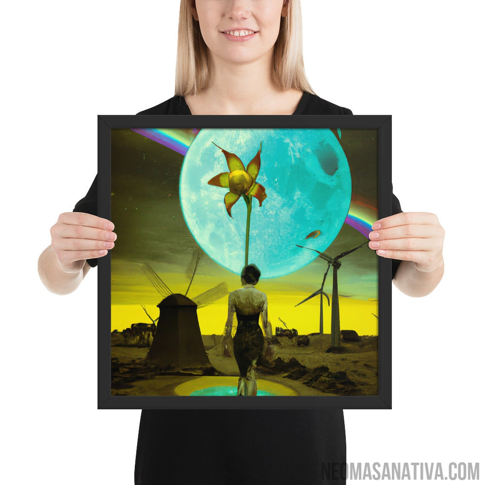 Walking on a Surreal Landscape: Windmills and a Full Moon Framed Photo Paper Poster