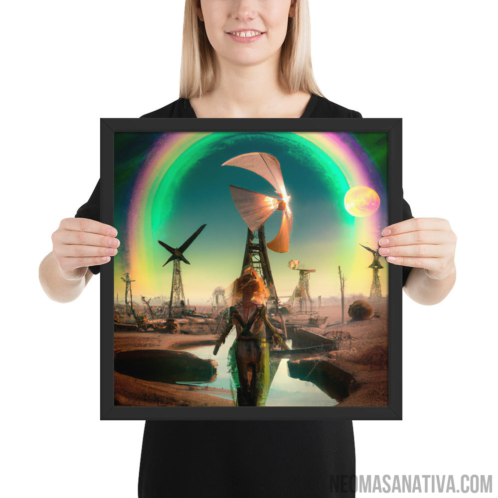 Walking Under The Rainbow: A Surreal Landscape Of Windmills And A Full Moon Framed Photo Paper Poster