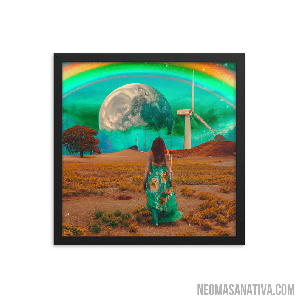 Walking on a Dream: A Surreal Landscape Of A Windmill And A Full Moon Framed Photo Paper Poster