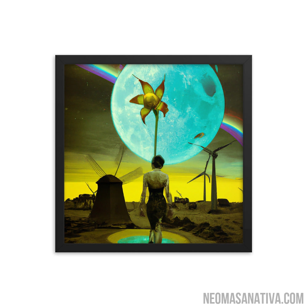 Walking on a Surreal Landscape: Windmills and a Full Moon Framed Photo Paper Poster