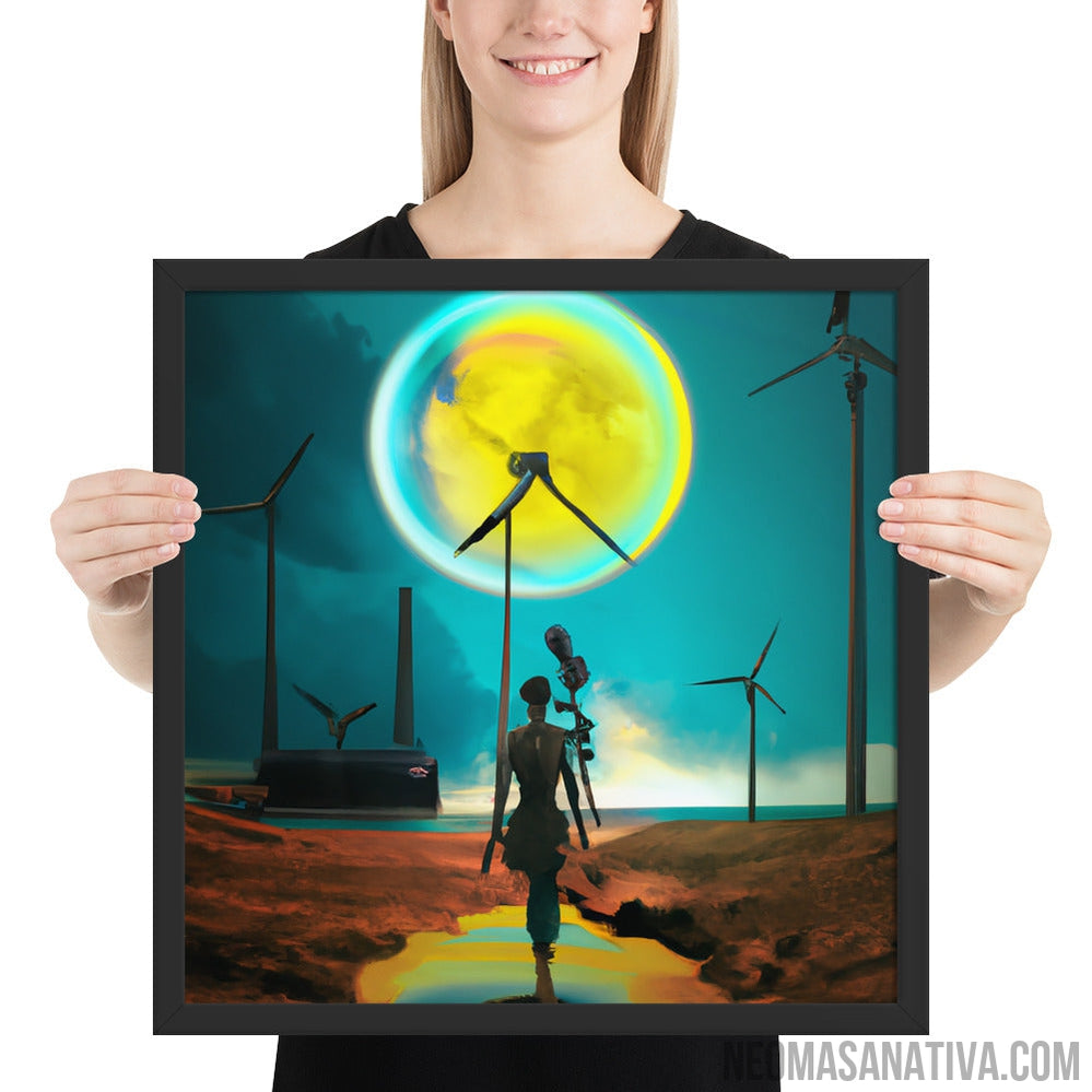 Exploring a Surreal Landscape: Windmills and a Full Moon Framed Photo Paper Poster