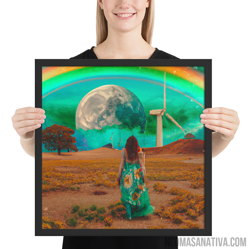 Walking on a Dream: A Surreal Landscape Of A Windmill And A Full Moon Framed Photo Paper Poster