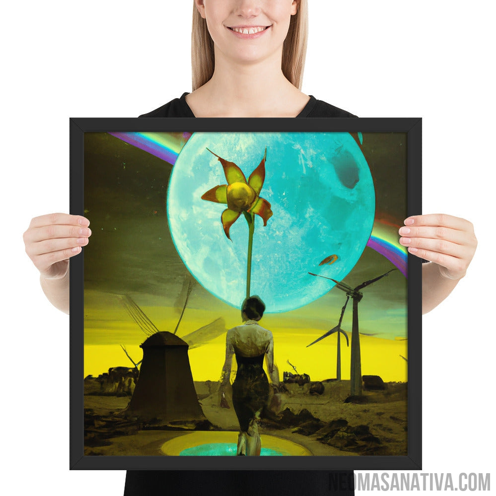 Walking on a Surreal Landscape: Windmills and a Full Moon Framed Photo Paper Poster