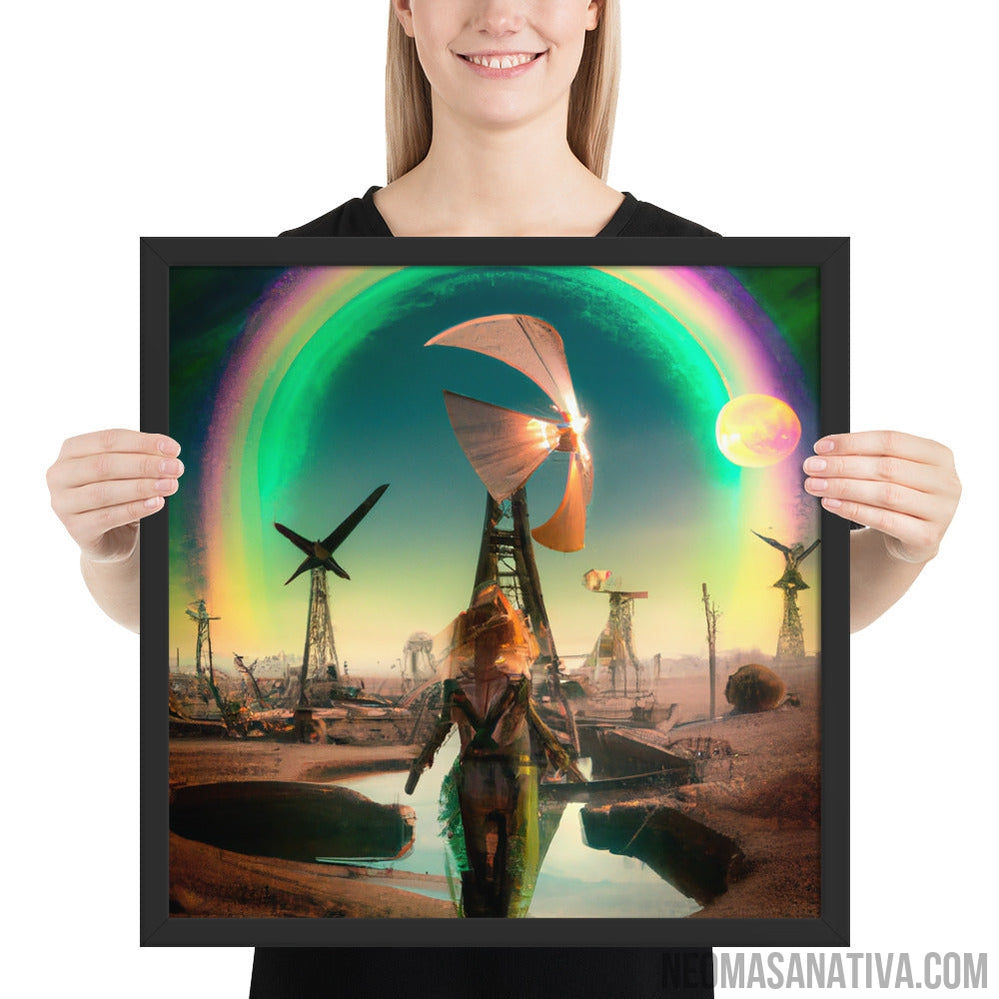 Walking Under The Rainbow: A Surreal Landscape Of Windmills And A Full Moon Framed Photo Paper Poster