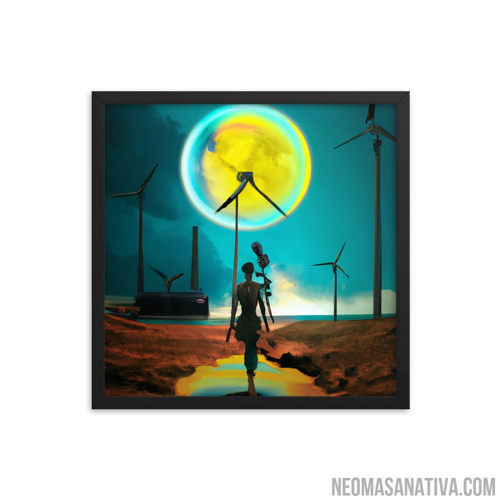 Exploring a Surreal Landscape: Windmills and a Full Moon Framed Photo Paper Poster