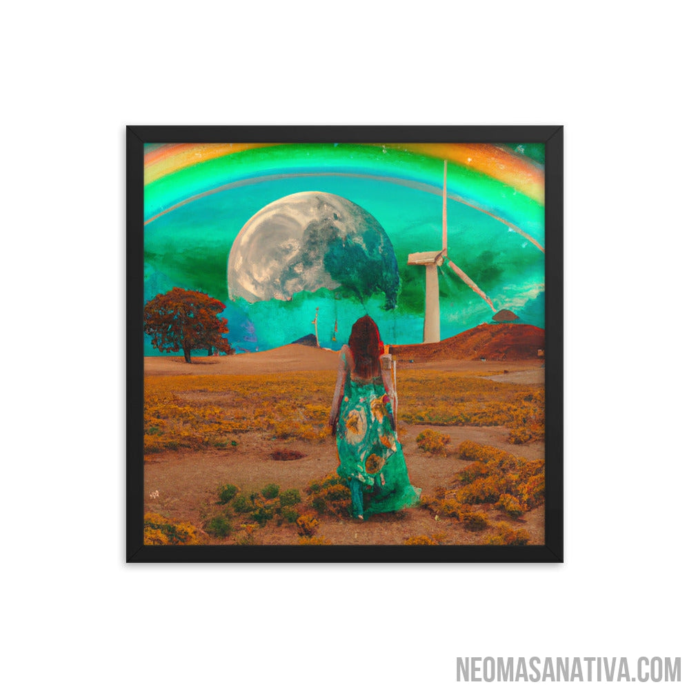 Walking on a Dream: A Surreal Landscape Of A Windmill And A Full Moon Framed Photo Paper Poster