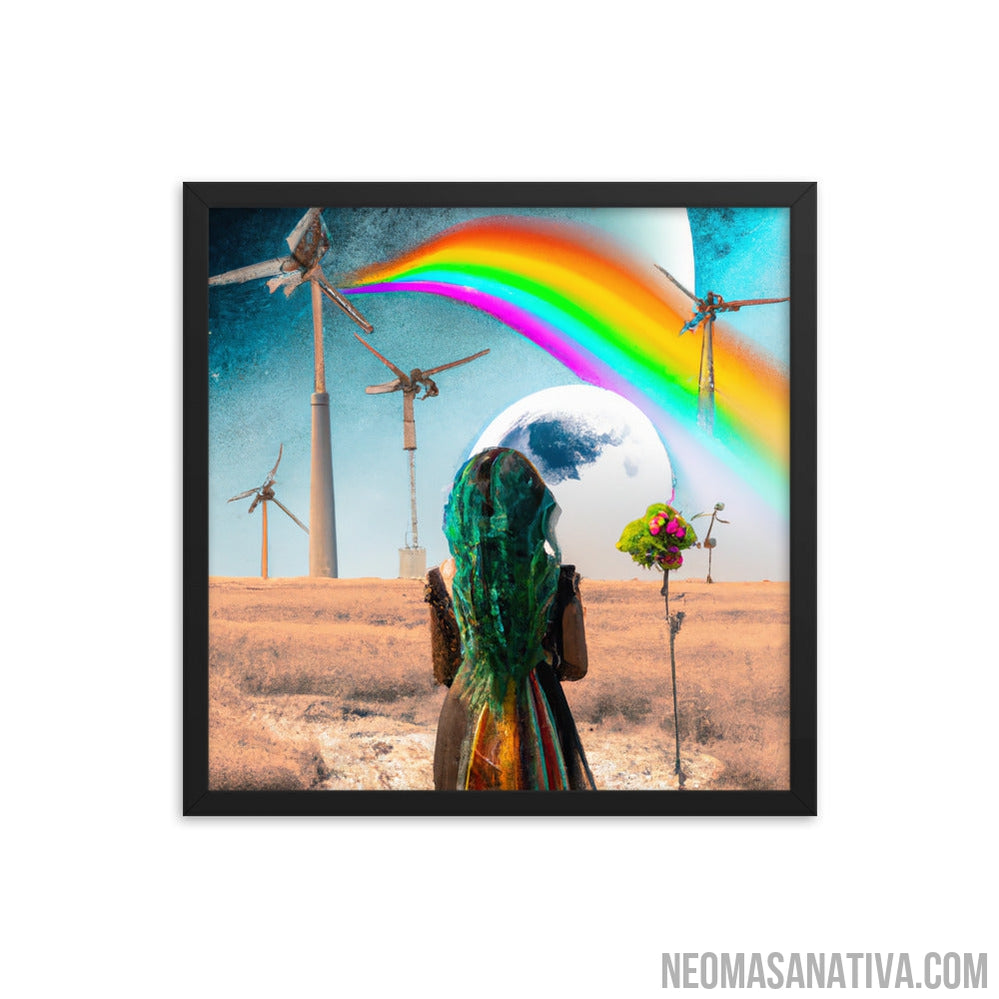 A Surreal Walk: Exploring A Landscape Of Windmills And A Full Moon Framed Photo Paper Poster