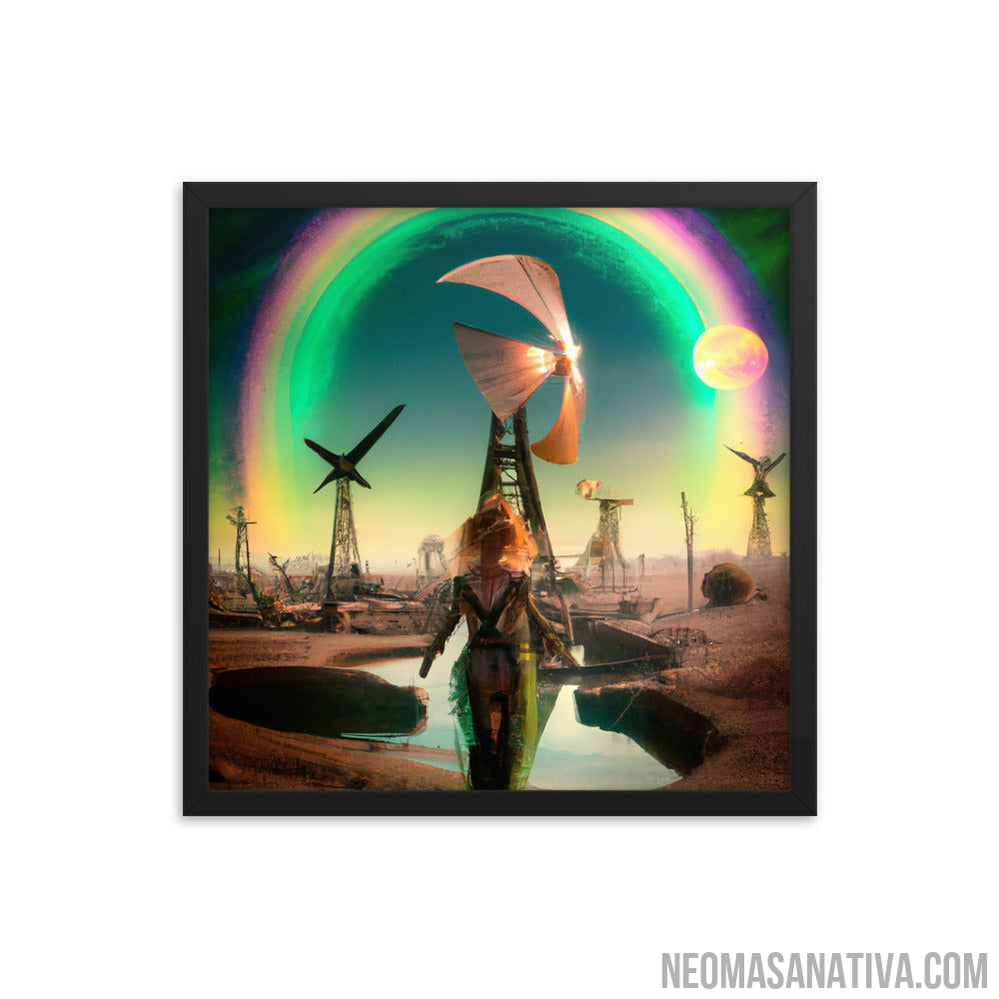 Walking Under The Rainbow: A Surreal Landscape Of Windmills And A Full Moon Framed Photo Paper Poster